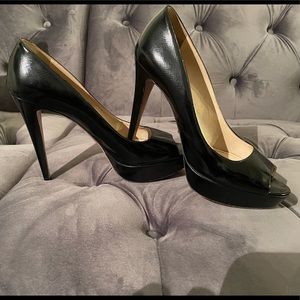 Prada Sz 39 Black Patent Leather Peep Toe Heels Hot Hot Hot sexy high heels